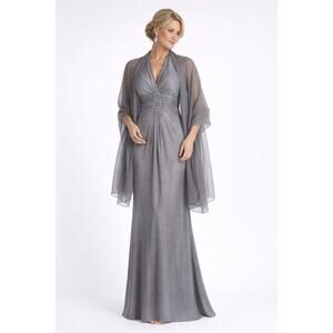 David's Bridal Gray Metallic Chiffon Halter Dress with Scarf - Size 20W